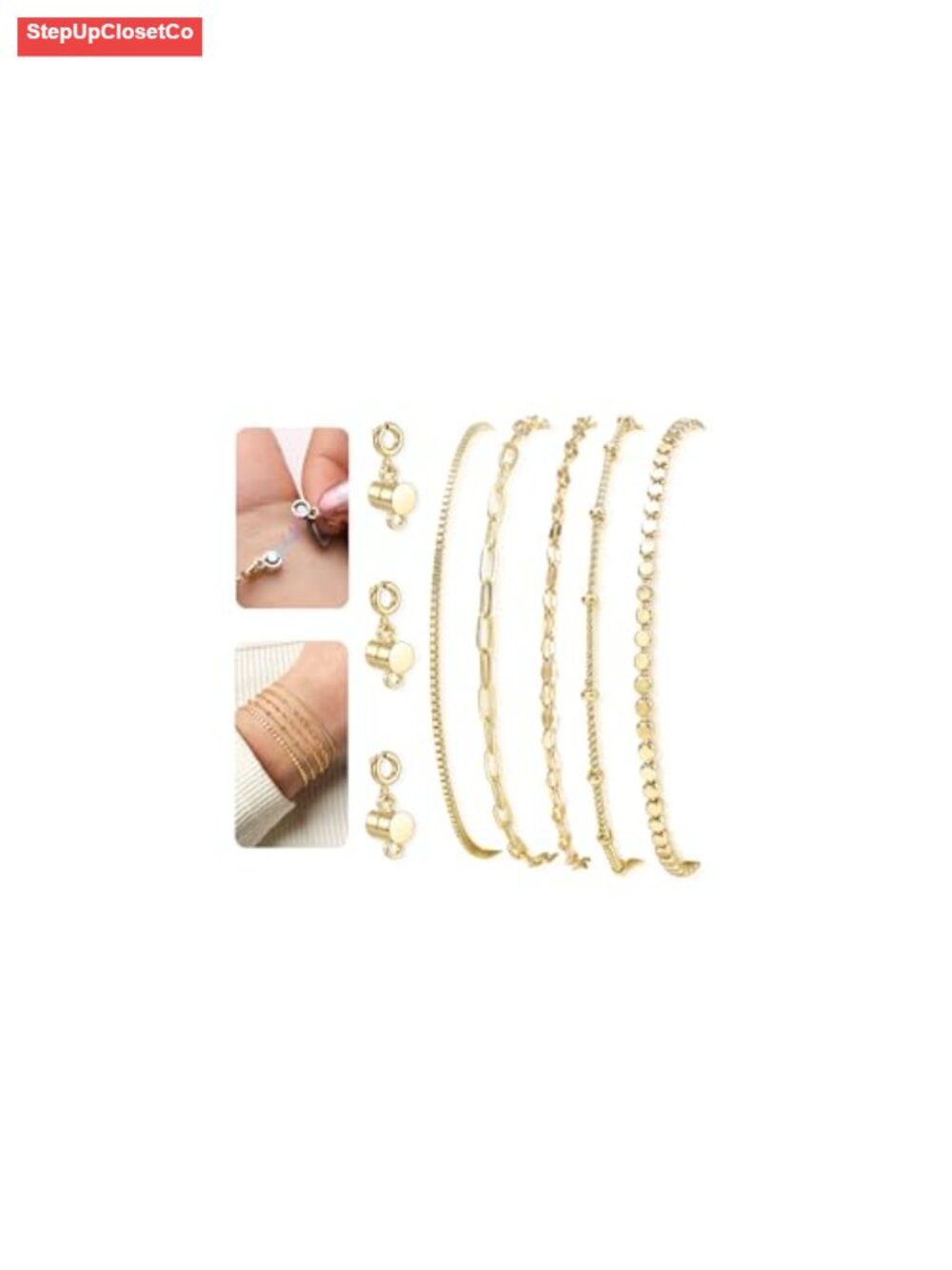 5-Pack Magnetic Clasp Bracelets, Copper Non-Tarnish Stacking Bracelets with